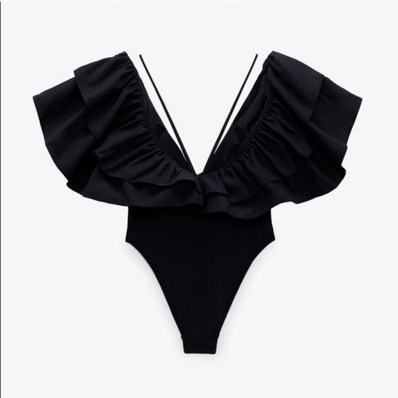 ZARA * Large Ruffle Swimsuit Top size S Black - Picture 7 of 13